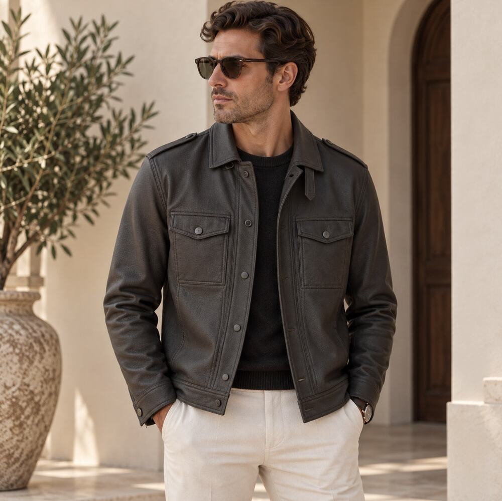 JOHN VARVATOS Lambskin Leather Utility Jacket Gun Metal Sz 58X/US 48 $1698